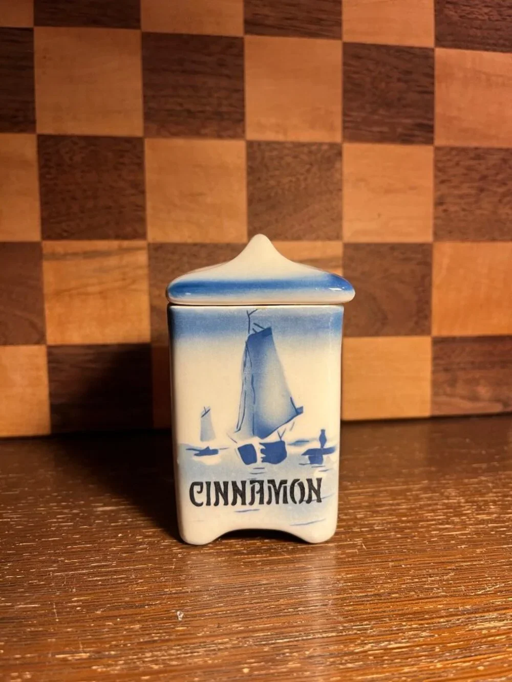 Blue and White Nautical Ship Cinnamon Canister Czechoslovakia A807, chip